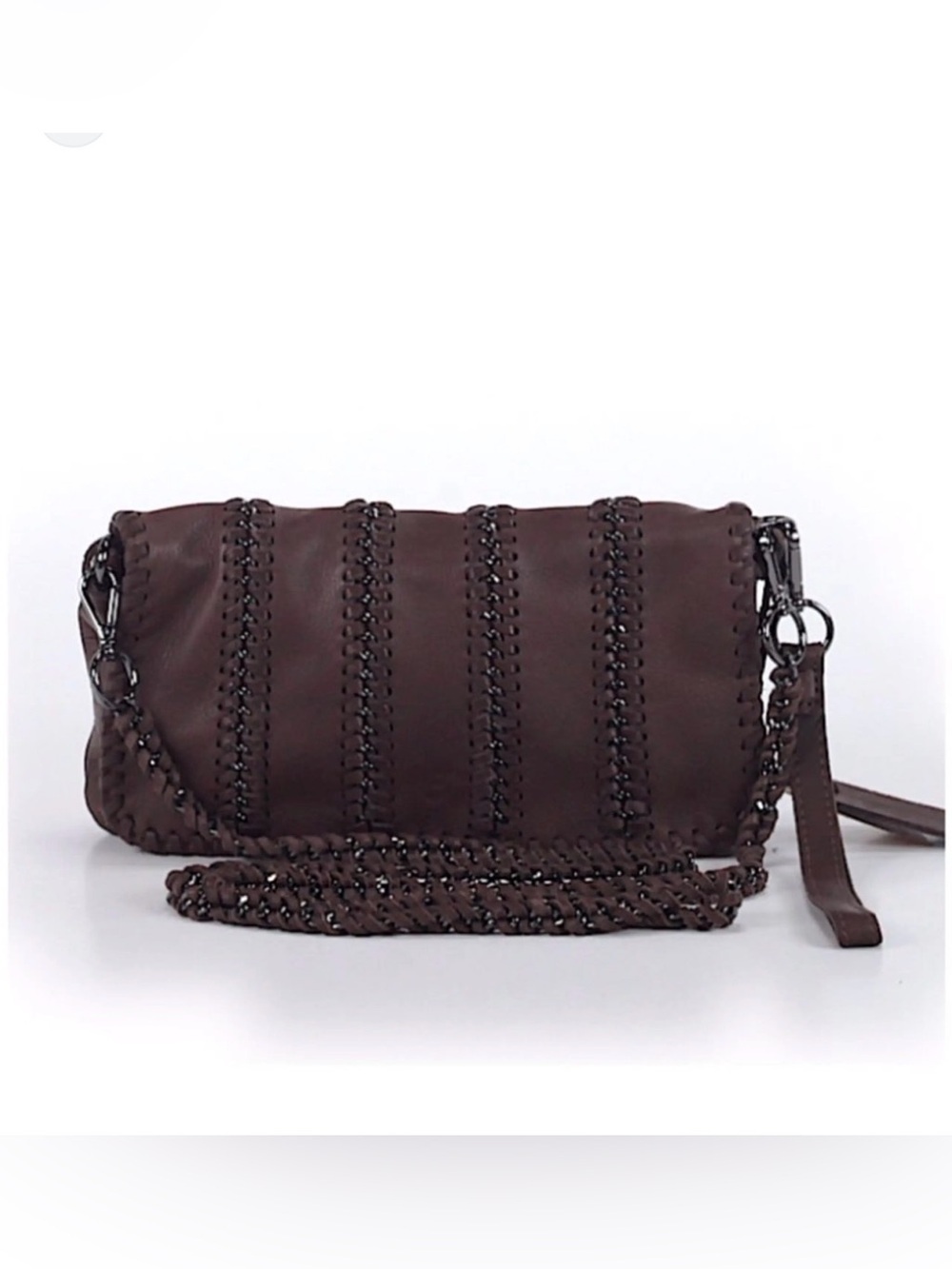 NWT $275 Linea Pelle Soft Brown Leather Whipstitch Chain Crossbody Bag Wristlet